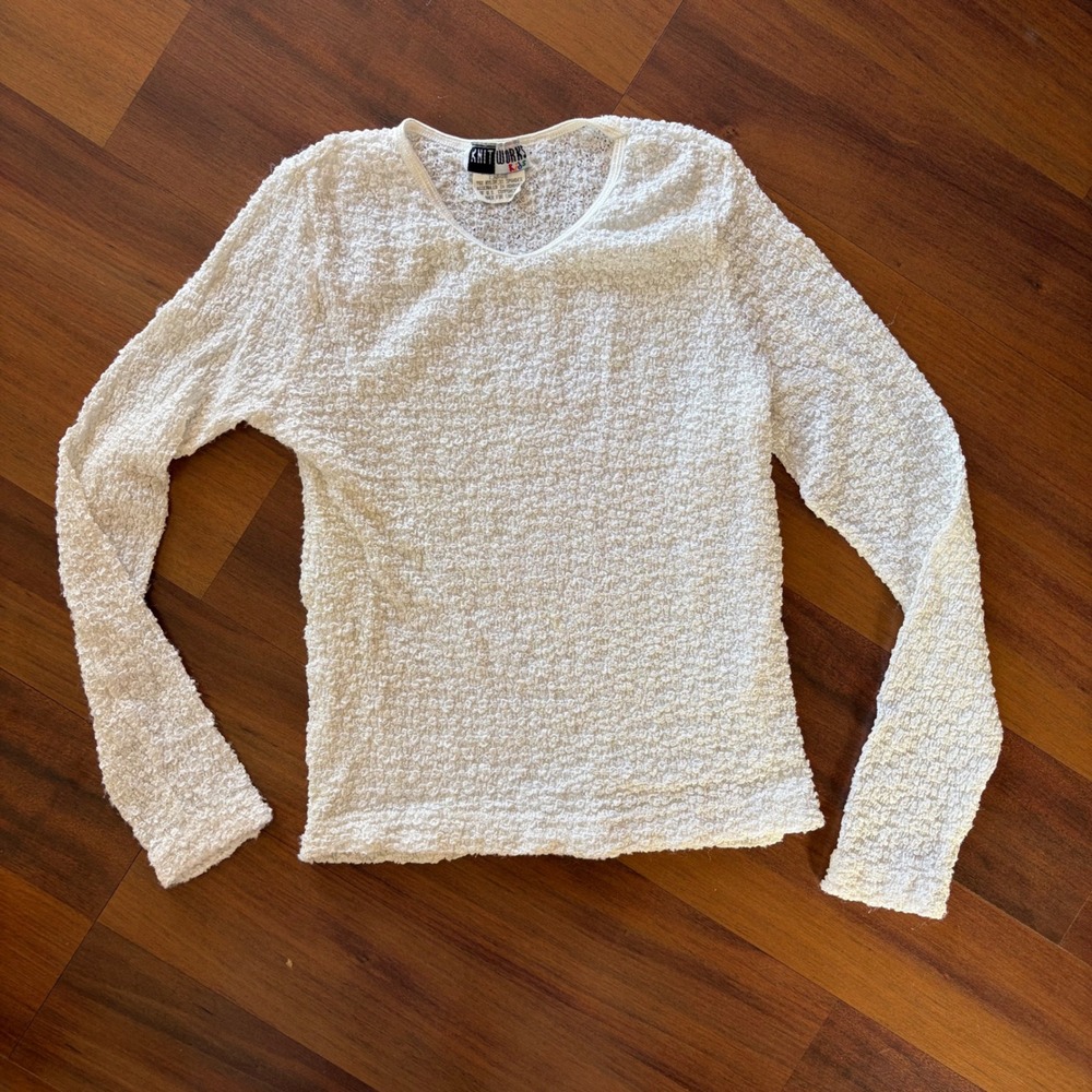 Vintage Y2K Kids White Popcorn Bubble Knit Long Sleeve Top Size Large H656-9092K